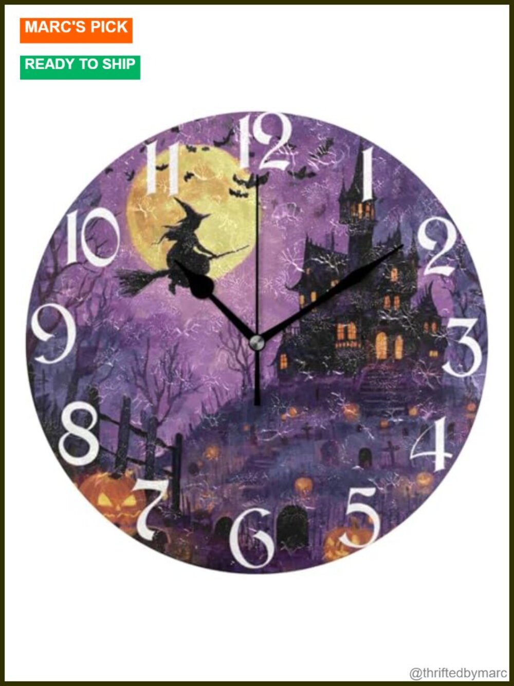 10 Inch Halloween Witch Spiders Wall Clock Silent Non Ticking Battery Operated